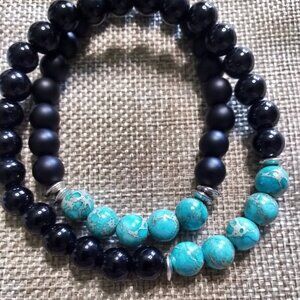 Aqua/Turquoise Colored Sea Sediment Jasper Beaded Unisex Stretch Stone Bracelet!